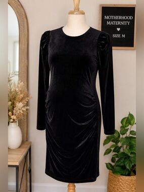 Motherhood Maternity Black Velvet Puff Sleeve Bodycon Dress Medium